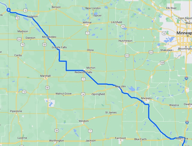 The route I drove from Albert Lea, MN to Ortonville, MN