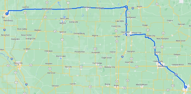 The route I rode from Cedar Rapids, IA to Sioux Falls, SD