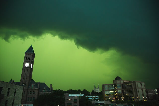 A storm that came through Sioux Falls and turned the sky green.