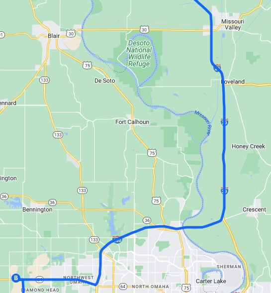 The map of the route I intended to ride Missouri Valley, IA to Dillon Brothers Motorsports in Omaha, NE.