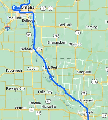 The map of the route I rode from Omaha, NE to St. Joseph, MO.