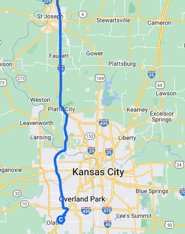 The map of the route I rode from St. Joseph, MO to Olathe, KS.