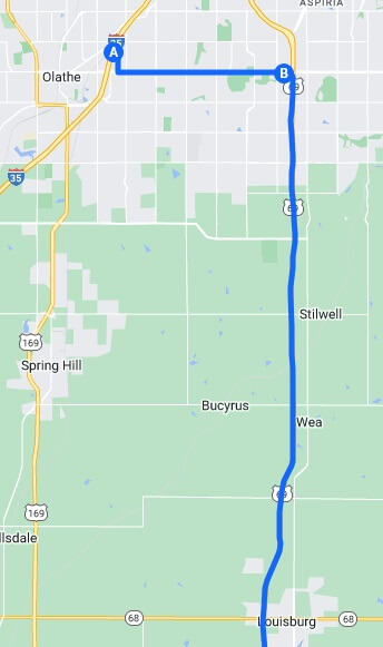 The map of the route I rode from Olathe, KS to Louisburg, KS