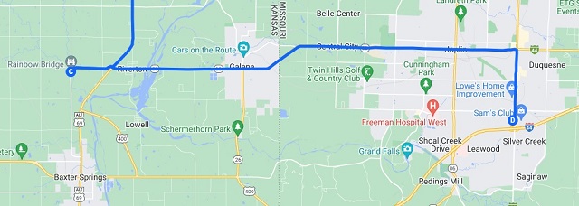 The map of the route I rode from the Rainbow Bridge in KS to Joplin, MO.