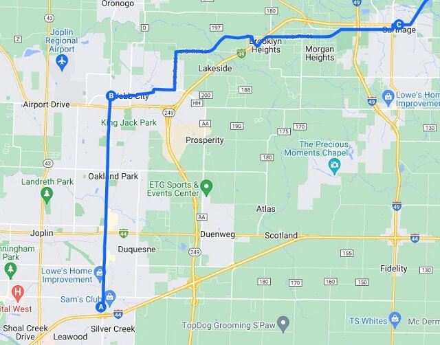 The map of the route I rode from Joplin, MO to Carthage, MO.
