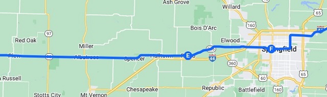 The map of the route I rode from Avilla, MO to Springfield, MO.