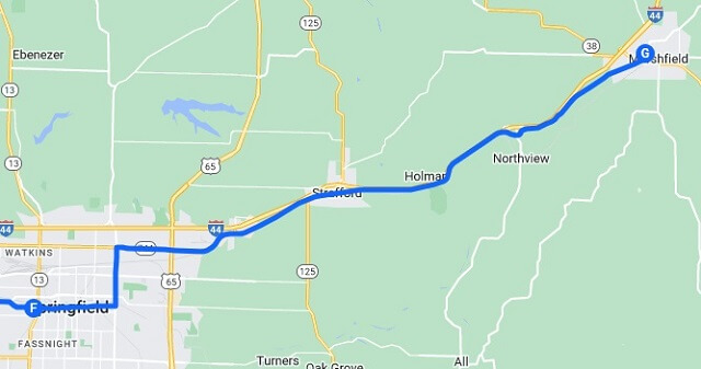 The map of the route I rode from Springfield, MO to Marshfield, MO.