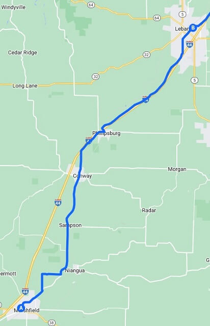 The map of the route I rode from Marshfield, MO to Lebanon, MO.