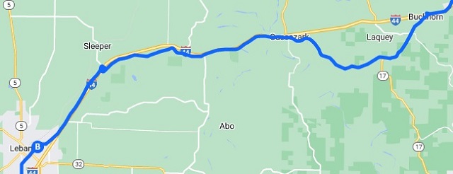 The map of the route I rode from Lebanon, MO to Buckhorn, MO.