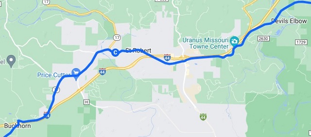 The map of the route I rode from Buckhorn, MO to Devil's Elbow, MO.