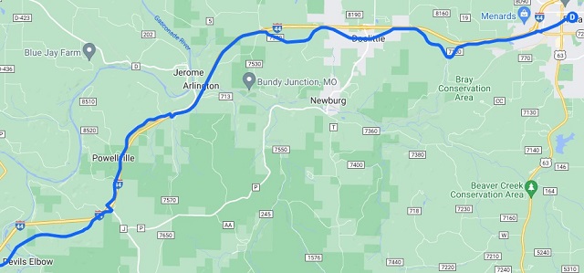 The map of the route I rode from Devil's Elbow, MO to Rolla, MO.