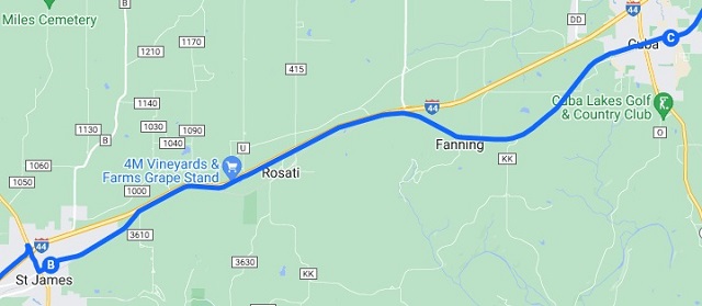 The map of the route I rode from St. James, MO to Cuba, MO.