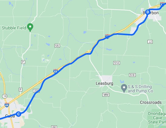 The map of the route I rode from Cuba, MO to Bourbon, MO.