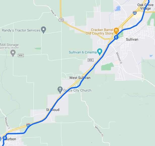 The map of the route I rode from Bourbon, MO to Sullivan, MO.