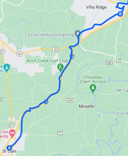 The map of the route I rode from St. Clair, MO to Villa Ridge, MO.