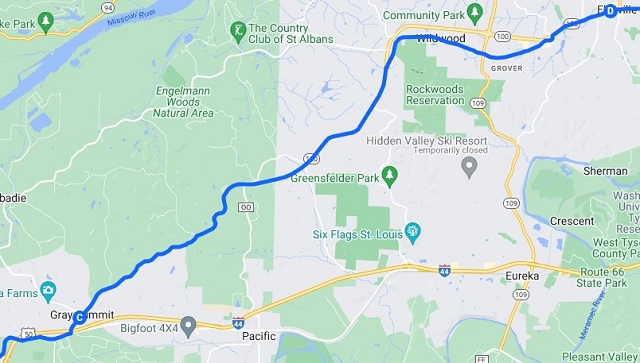 The map of the route I rode from Villa Ridge, MO to Ellisville, MO.