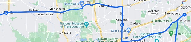The map of the route I rode from Ellisville, MO to Ted Drewes Frozen Custard in St. Louis, MO.