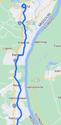 The map of the route I rode from Arnold, MO to Festus, MO.
