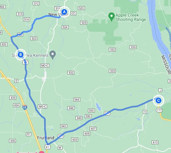 The map of the route I actually rode from Brazeau, MO to Cape Giradeau, MO.