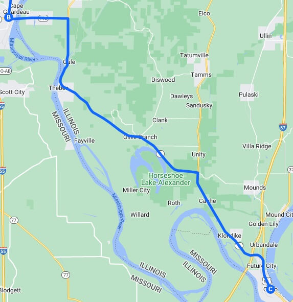 The map of the route I rode from Cape Girardeau, MO to Cairo, IL.
