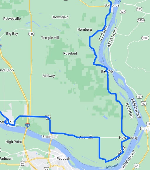 The map of the route I rode from Metropolis, MO to near Homberg, IL.
