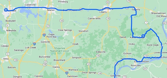 The map of the route I intended to ride from near Homberg, IL to Carbondale, IL.