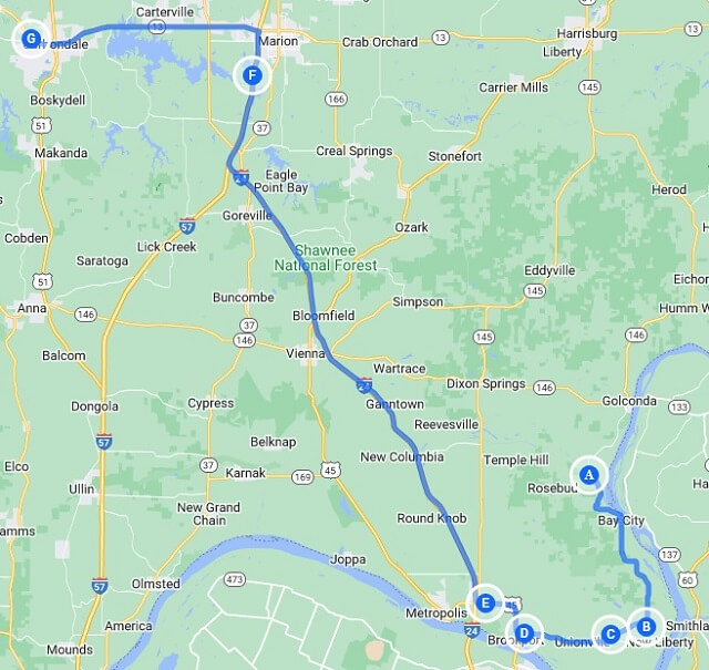 The map of the route I actually rode from near Homberg, IL to Carbondale, IL.
