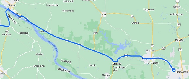 Map of the route I rode from Carbondale, IL to Chester, IL.