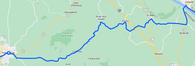 Map of the route I rode from Chester, IL to Farmington, MO.
