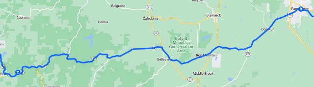 Map of the route I rode from Farmington, MO to Bixby, MO.