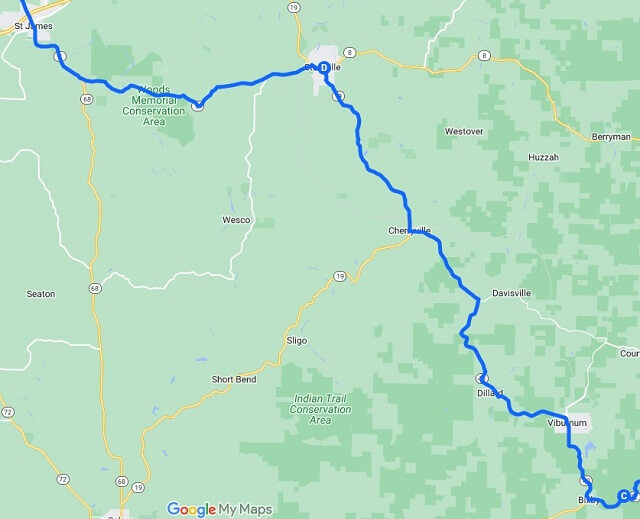 Map of the route I rode from Bixby, MO to St. James, MO.