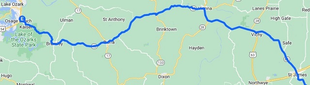 Map of the route I rode from St. James, MO to Lake Of The Ozarks, MO.