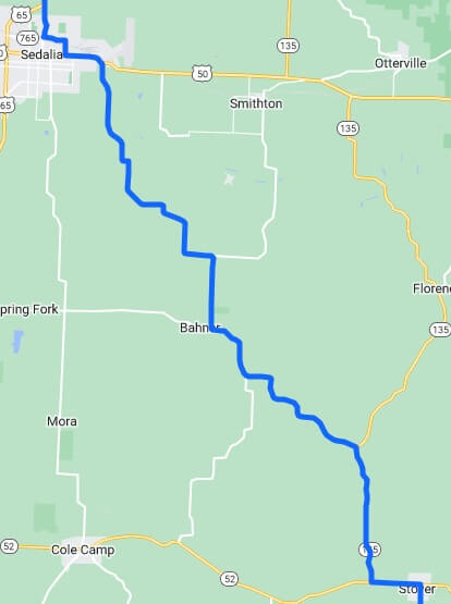 Map of the route I rode from Stover, MO to Sedalia, MO.