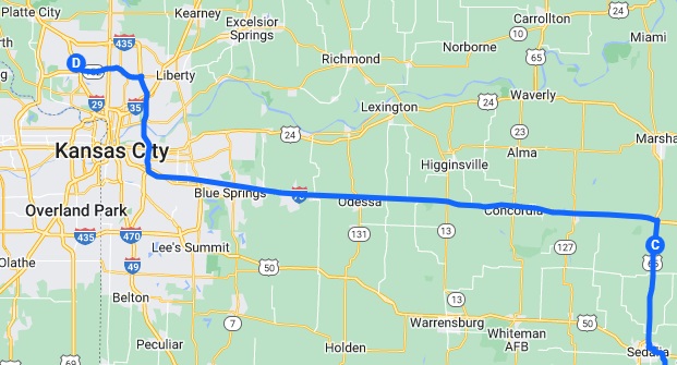 Map of the route I rode from Sedalia, MO to Kansas City, MO.