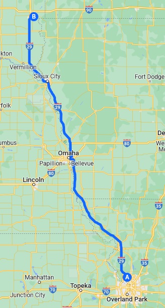 Map of the route I rode from Kansas City, MO to Sioux Falls, SD.
