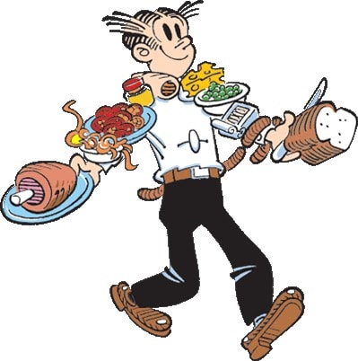 Dagwood Bumstead carrying sandwich ingredients.
