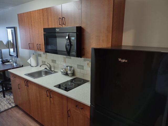 The kitchen area of my room at the Ledgestone Hotel in Billings, MT.