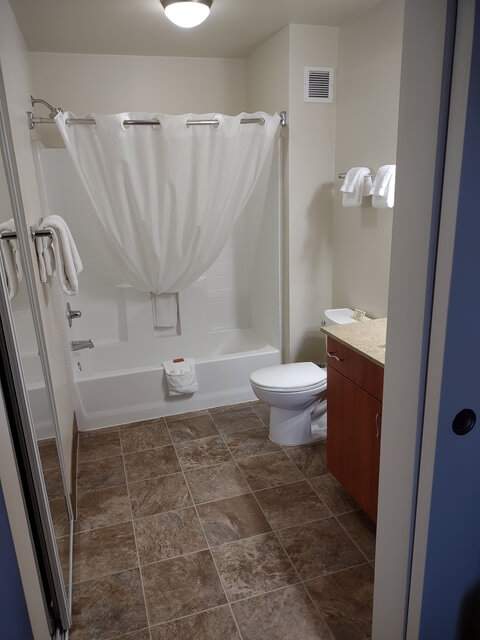 The bathroom of my room at the Ledgestone Hotel in Billings, MT.