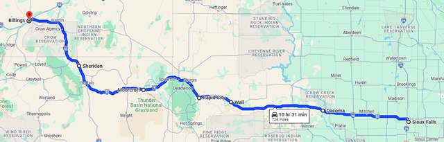 The map of my full route from Sioux Falls, SD to Billings, MT.