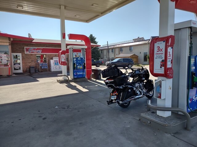 Filling up the motorcycle with gas in Bozeman, MT.