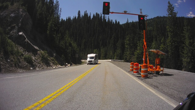 A construction stop sign on highway 12 in Idaho.