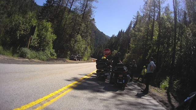 Talking with other riders as we waited for the construction in Idaho.