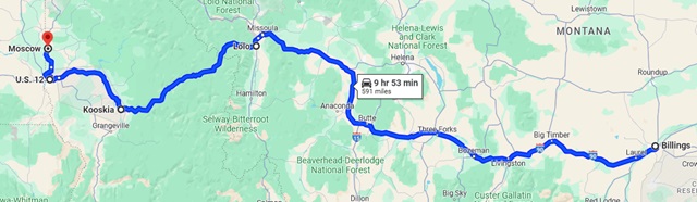 The map of my full route from Billings, MT to Moscow, ID.