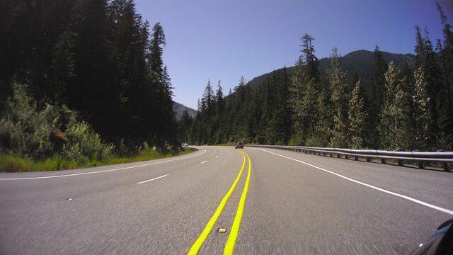 Riding west on highway 2 through the Cascades in western Washington state.