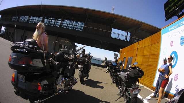 Waiting in line for the Clinton ferry with other motorcycle riders.