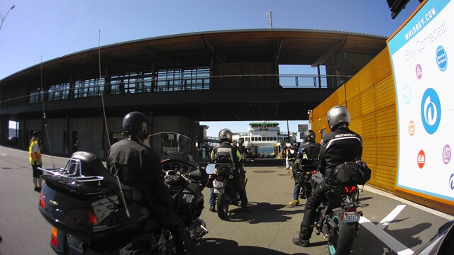 Waiting in line for the Clinton ferry with other motorcycle riders.