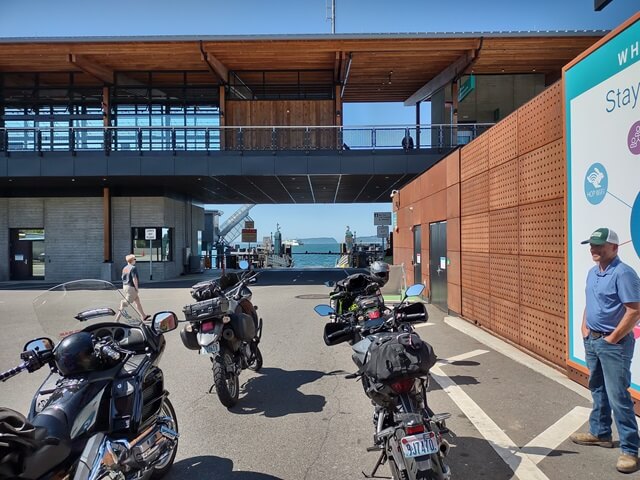 Waiting in line for the Clinton ferry with other motorcycle riders.