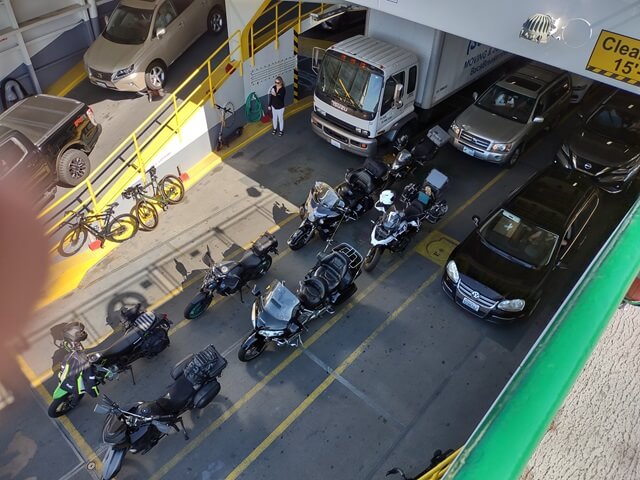 A view of the motorcycles from the upper sun deck on the ferry.