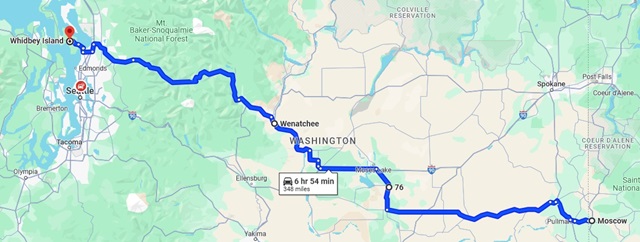 The map of my full route from Moscow, ID to Whidbey Island, WA.