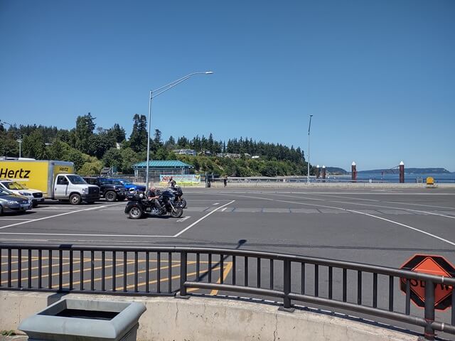 Looking across the parking lot towards Clinton, WA.